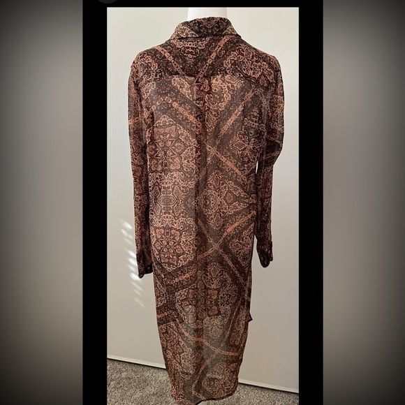 Democracy Boho Sheer Long Shirt Dress Button Front Medium Beautiful Fall Tones - Picture 3 of 5